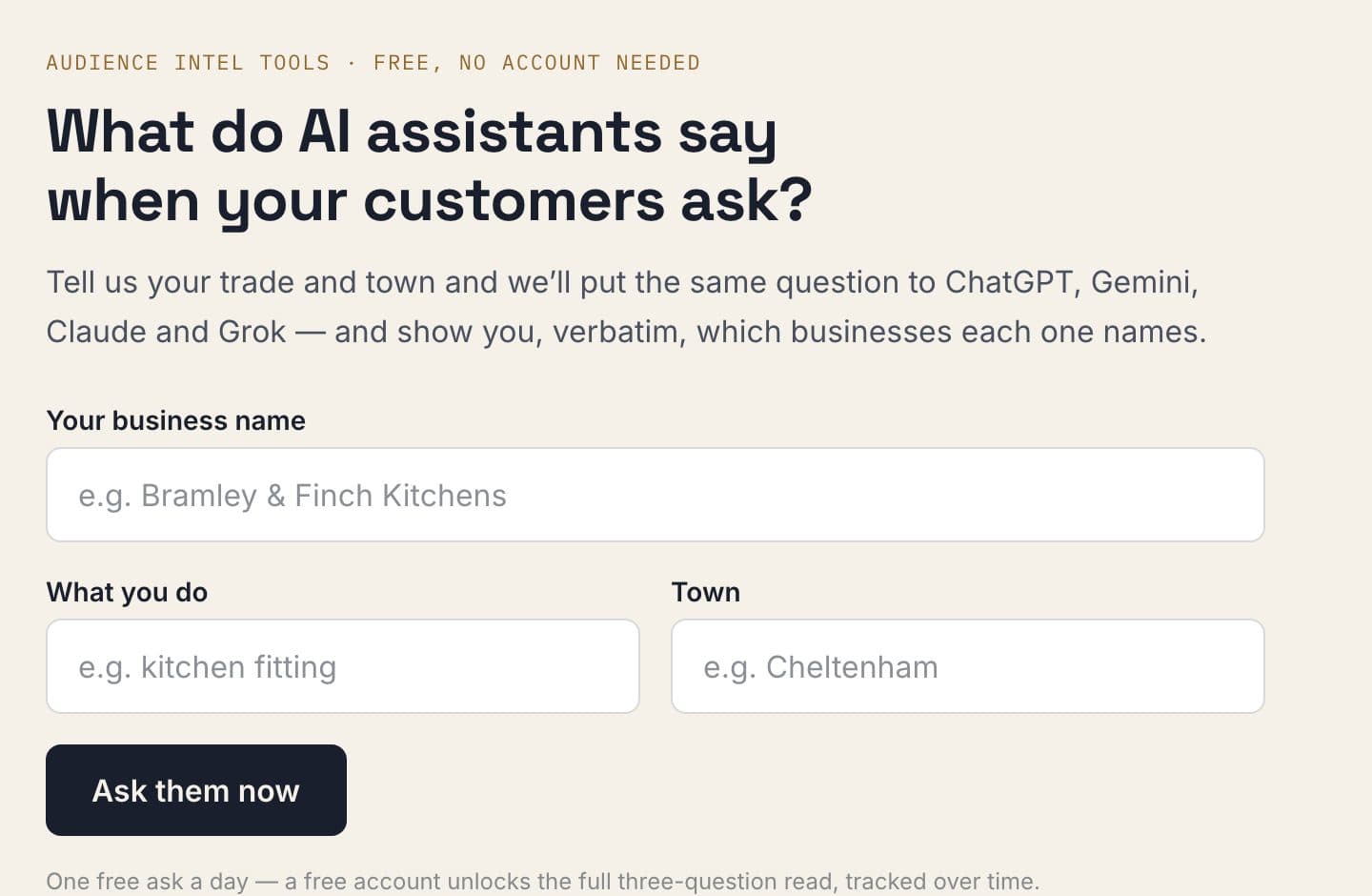 The Ask the AIs tool: business name, what you do and town, and the button that puts the question to four assistant models
