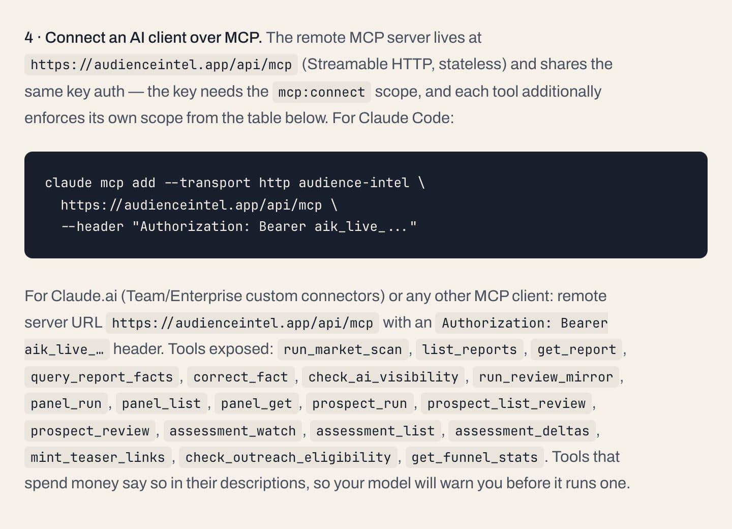 The developer docs' MCP quickstart: the remote server address, the command that adds it to Claude Code, and the list of tools it exposes