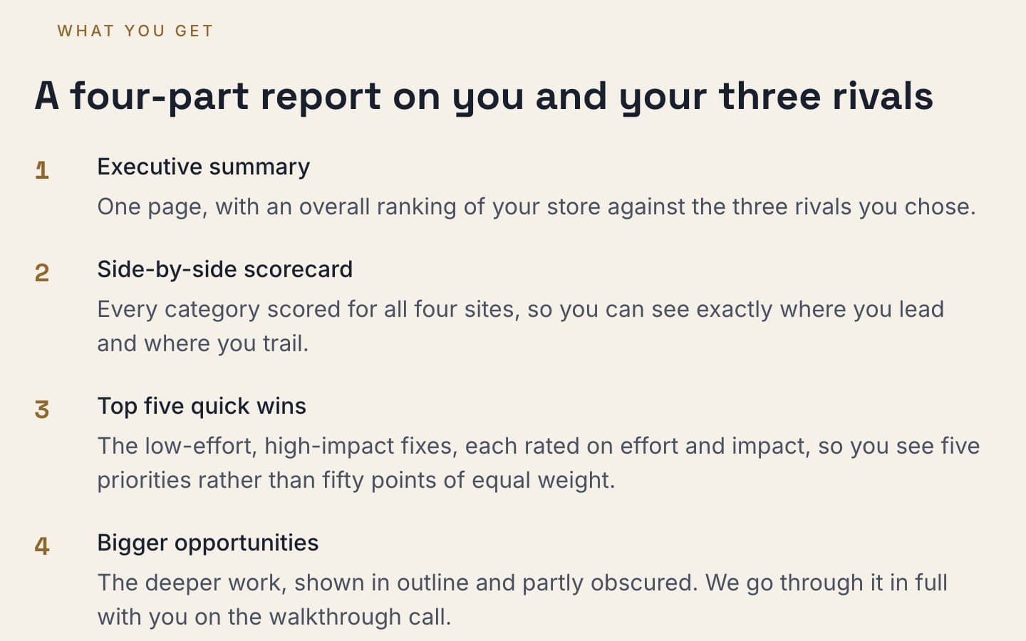 What Intel loops for online stores delivers: executive summary, side-by-side scorecard, top five quick wins and bigger opportunities